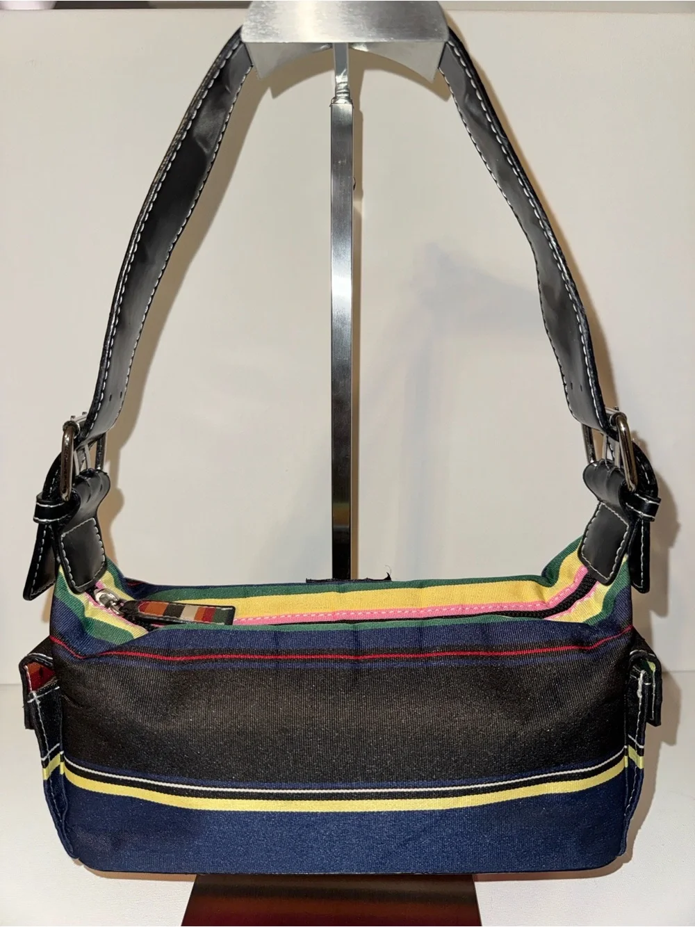 Vintage Kate Spade Striped Nylon Patent Leather Baguette Shoulder Bag Y2K